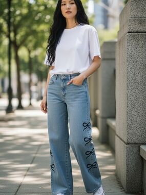 Aeropostale Women’s Size Small Aero Baggy Wide Leg Bow Embroidered Jeans